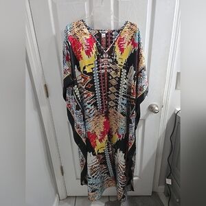 Vintage Winlar Satin MuuMuu Dress Kaftan Red Black Geometric Pattern One Size